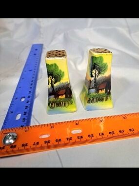 Vintage Hand Painted Salt & Pepper Shaker Set Gold Top House Cottage Scene